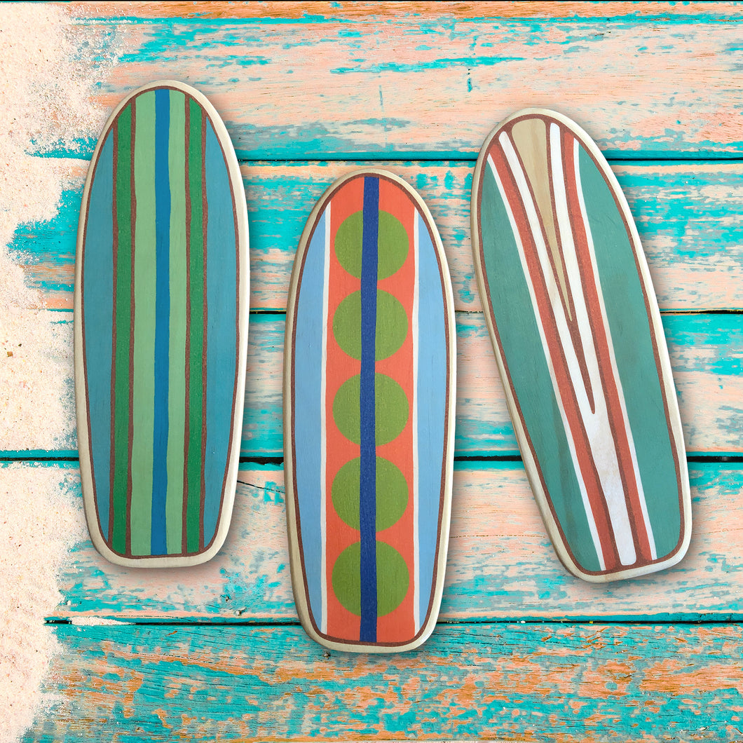 Mini Wooden Surfboard Art, 13 inches Tall,  Classic Longboard Designs