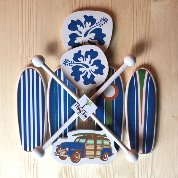 classic surfboards on a baby mobile for a beach themed baby room