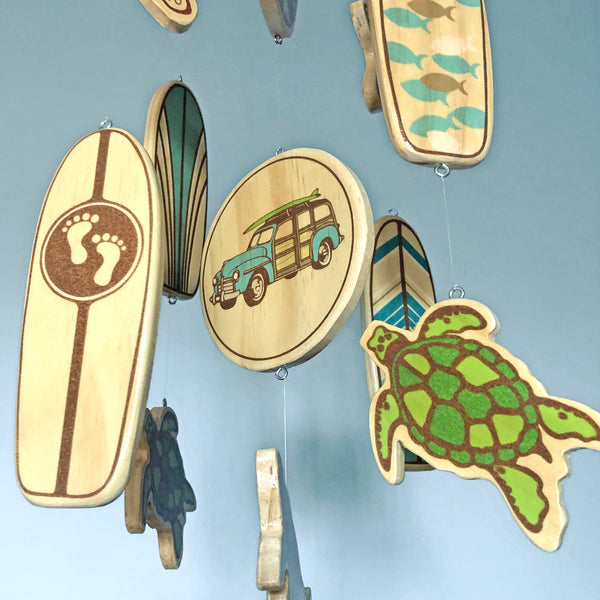 Hawaiian Inspired Wooden Surfboard Baby Nursery Mobile