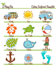 Load image into Gallery viewer, Customize your surfboard with a woody car, sun, vw bus, hibiscus, sea turtle, beach ball, tropical leaf, whale, hula girl, anchor, sand dollar or footprints.
